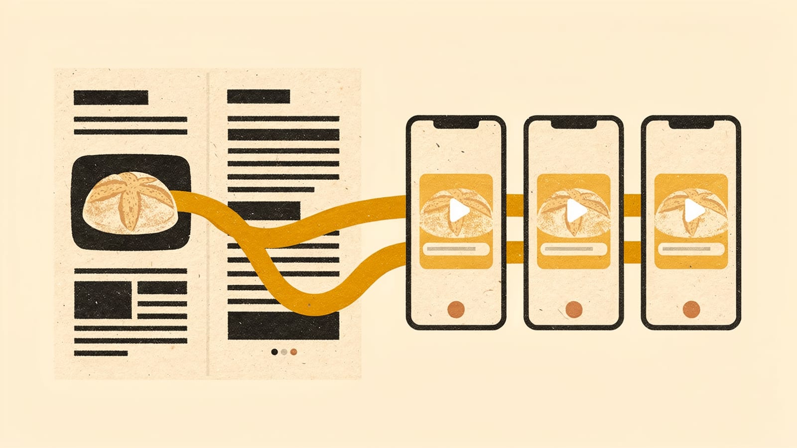 An article page about sourdough with a yellow ribbon flowing from its photo into three identical vertical phones, each playing the same short video
