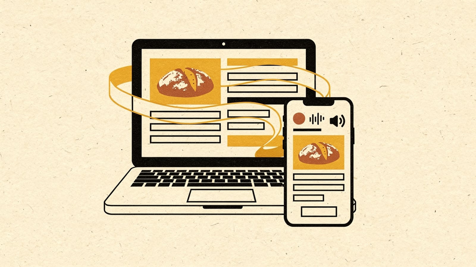 A laptop showing a blog post about sourdough, with its photo and paragraphs flowing into a phone that plays them as a short narrated video