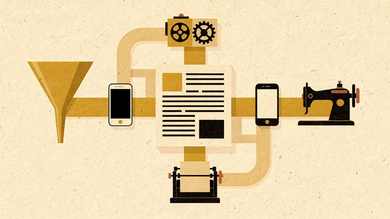 An article page in the center of a table, with yellow ribbons running from it to four different machines, a funnel, a gear box, a sewing machine and a small printing press, and phones between them