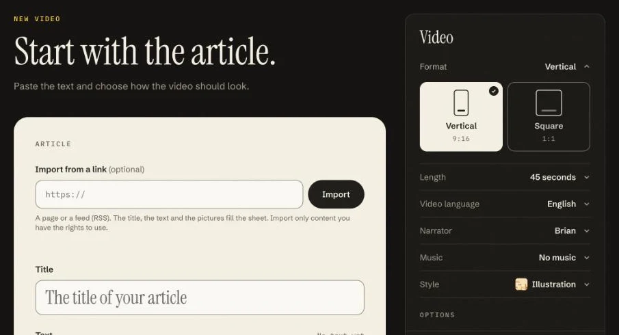 Ojelio's new video form: the article sheet on the left, and the Video panel on the right with the format open, Vertical 9:16 selected and Square 1:1 beside it