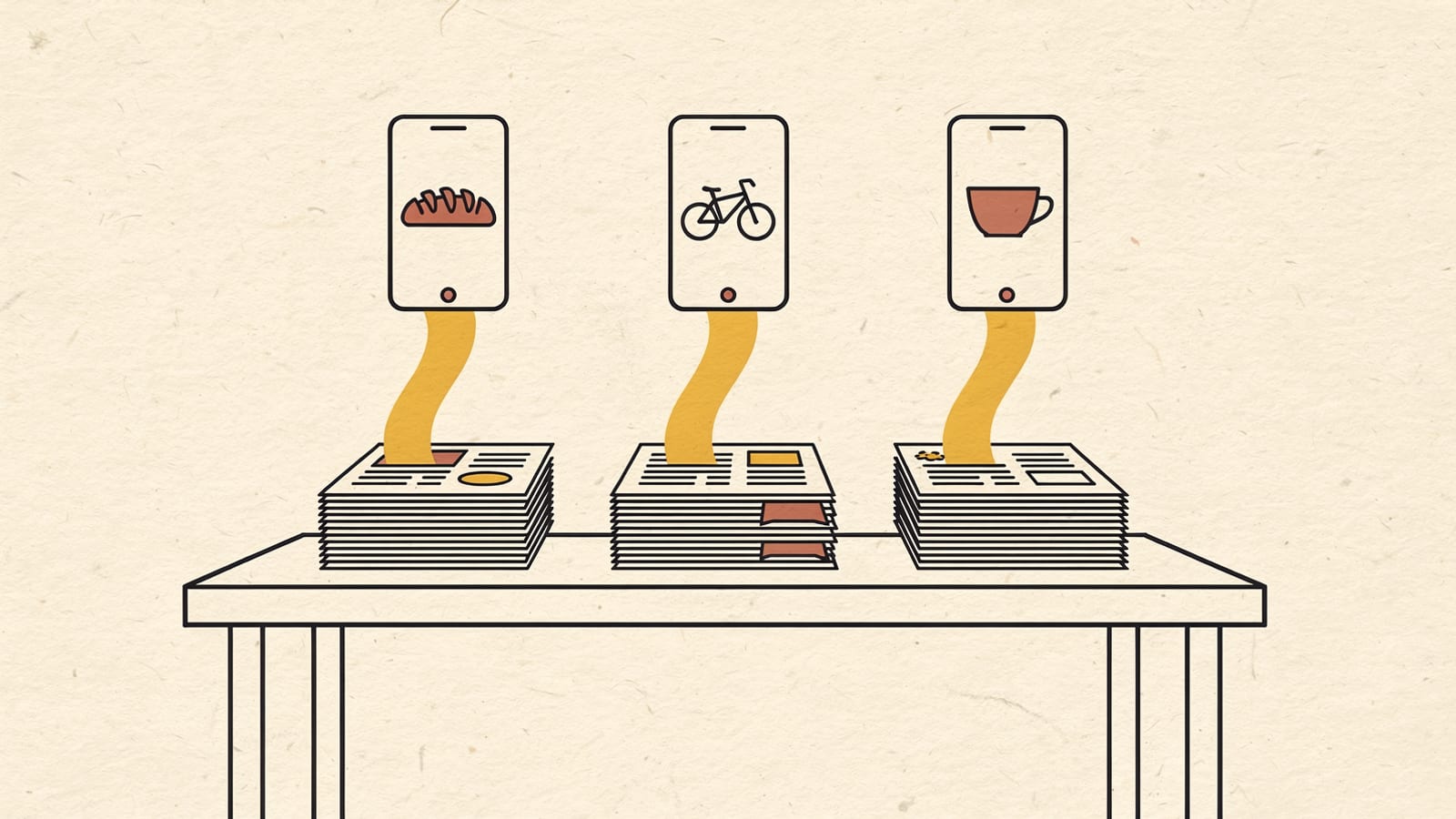 Three stacks of article pages on a long table, each sending a yellow ribbon up into its own phone, one showing a loaf of bread, one a bicycle and one a coffee cup