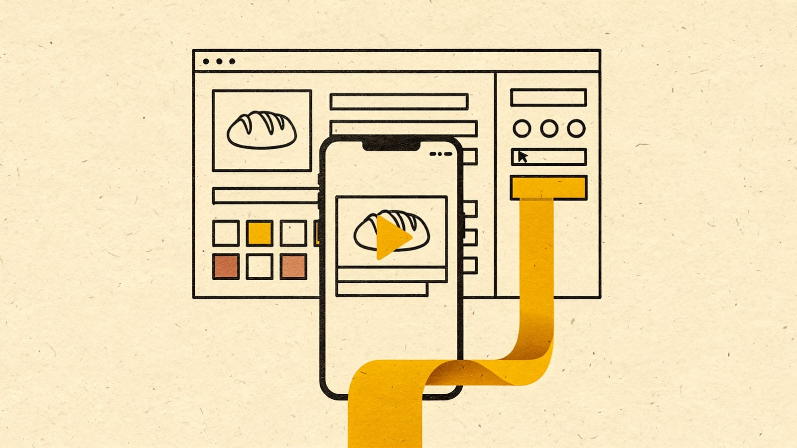 A blog editor in a browser window, with a post about bread and a settings sidebar whose button sends a ribbon into a phone playing the post as a video
